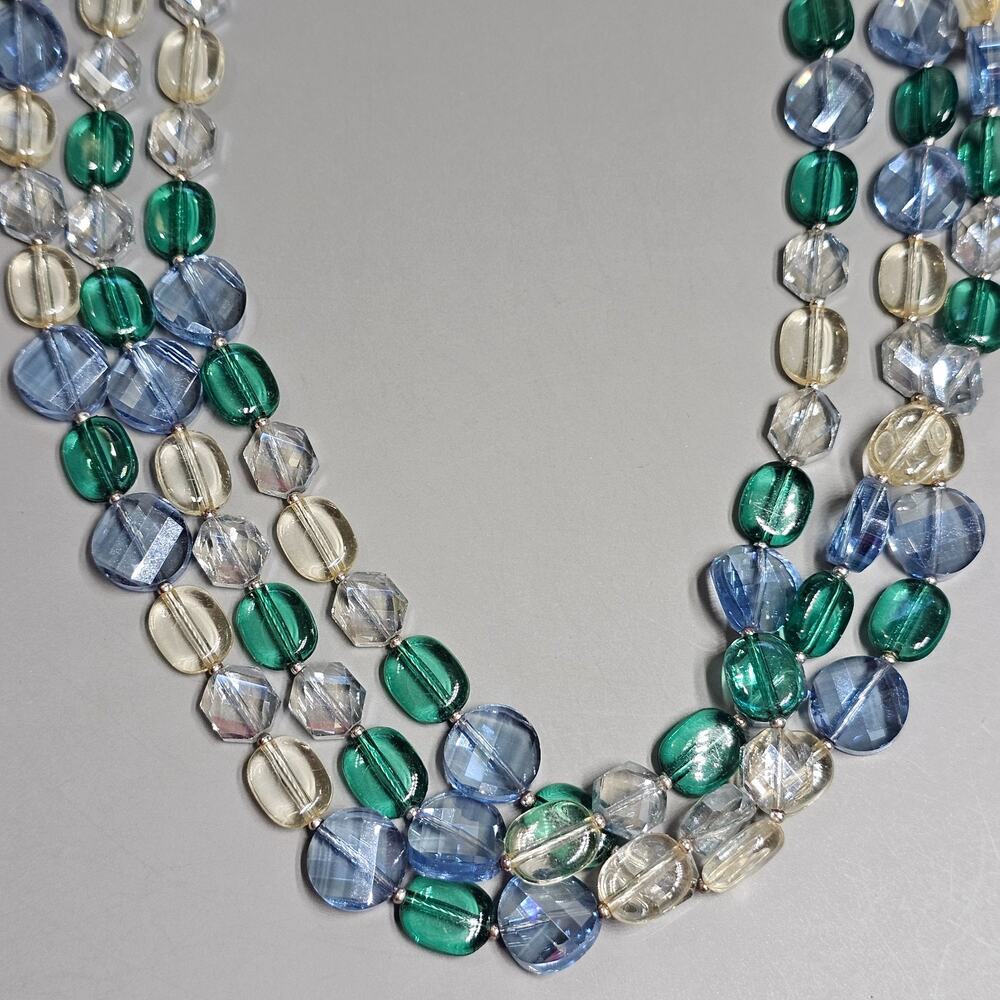 Blue, Green, Clear Acrylic Beaded Necklace Triple Strand Statement Silvertone